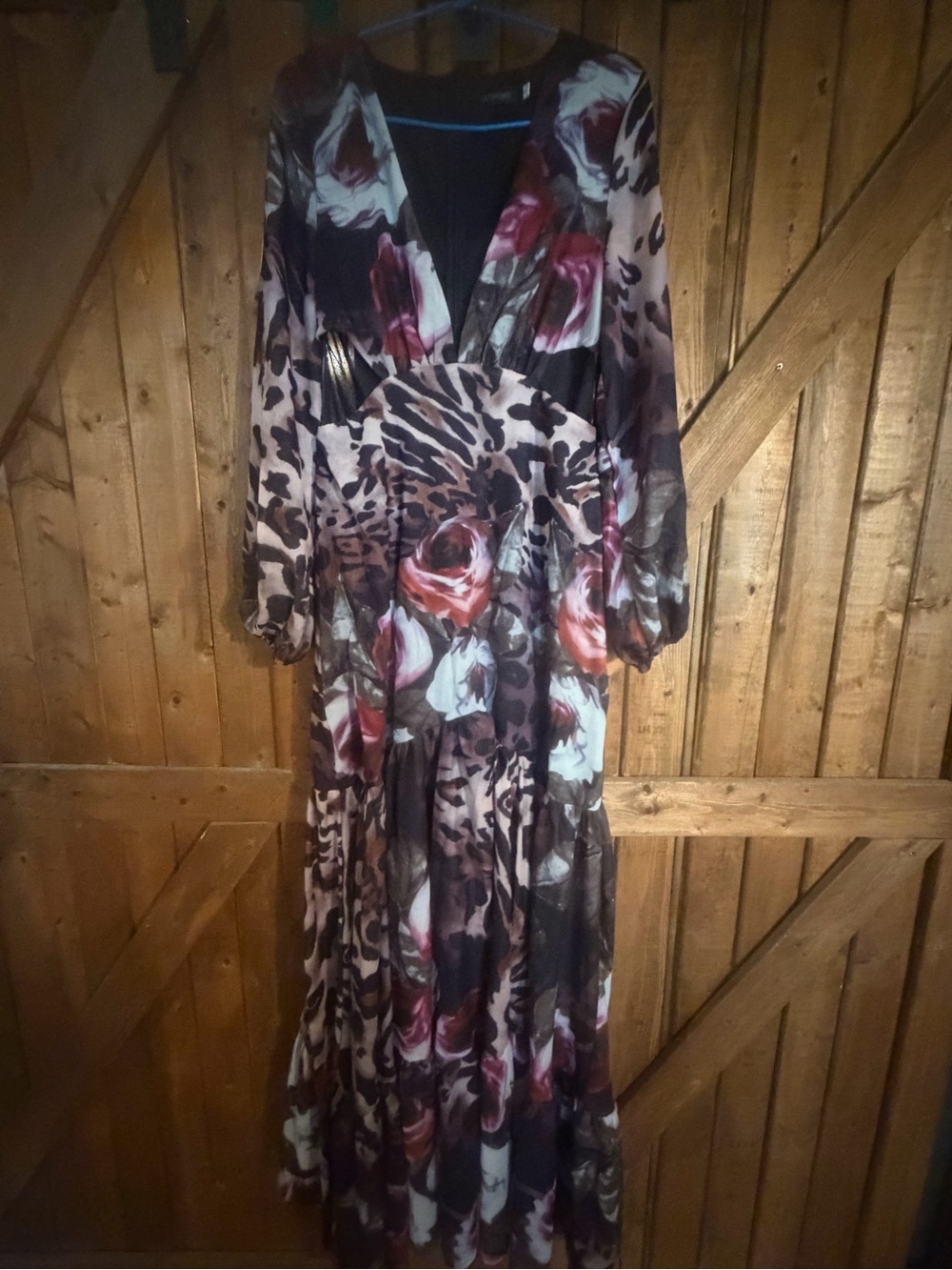V-Neck Floral & Animal Print Maxi Dress in Burgundy and Black